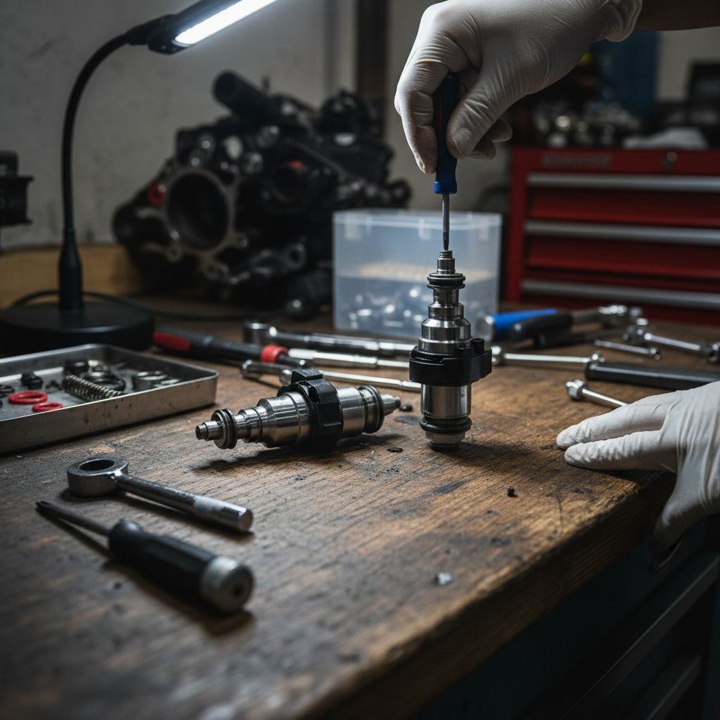 Injector common rail demontat si pregatit pentru testare pe banc